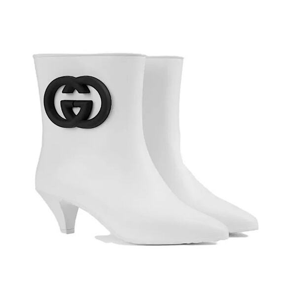 Gucci Women's Rubber ankle Rain Boot with Interlocking G White Black 37 - Picture 3 of 10